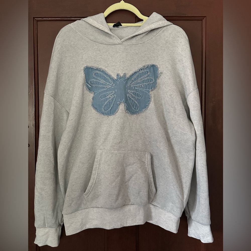 SHEIN Gray Hoodie with Blue Butterfly Appliqué